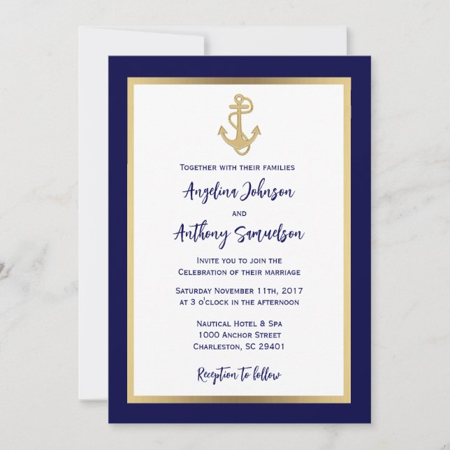 Invitación Elegante Personalizado Navy Boda Náutico Oro Azul (Anverso)