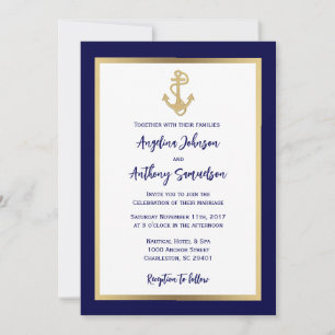 Invitación Elegante Personalizado Navy Boda Náutico Oro Azul