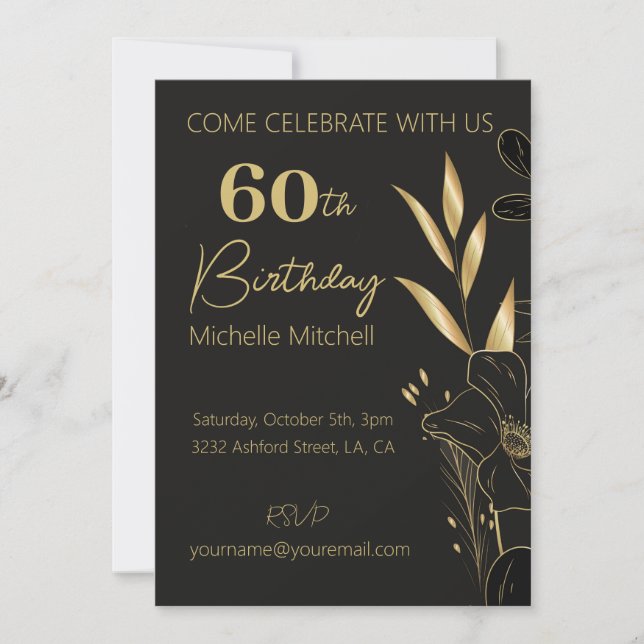Invitación Elegante Personalizado Oro Negro 60 cumpleaños Cua (Anverso)