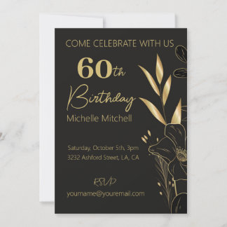 Invitación Elegante Personalizado Oro Negro 60 cumpleaños Cua