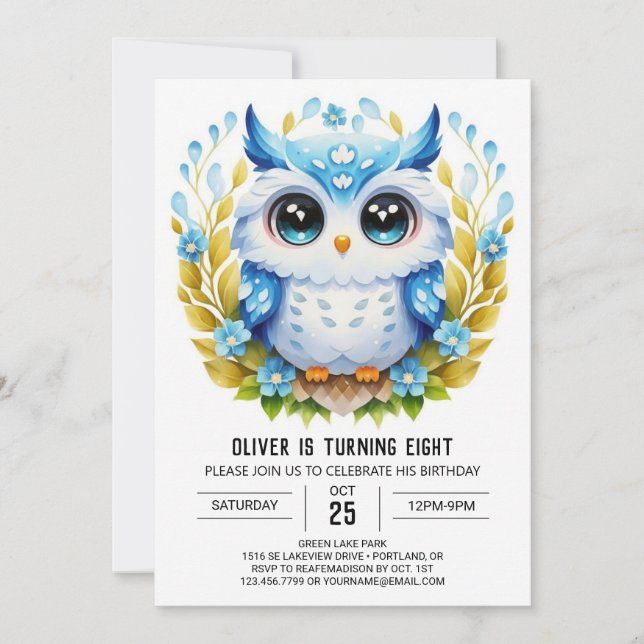Invitación Elegante Personalizado Owl Birthday (Anverso)