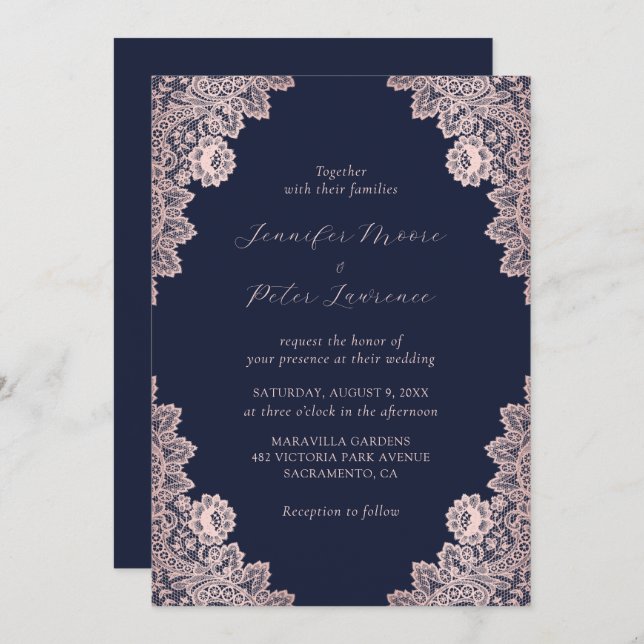 Invitación Elegante Personalizado Rosa Boda de oro y azul mar (Anverso / Reverso)