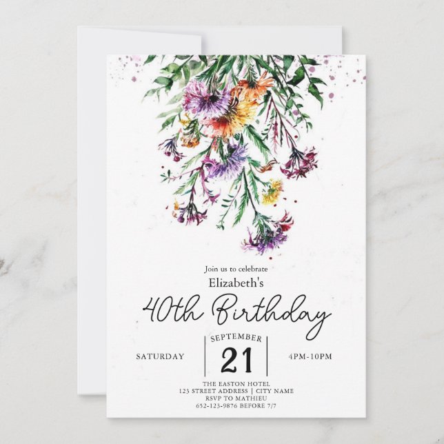 Invitación Elegante Personalizado Wildflowers 40 cumpleaños (Anverso)