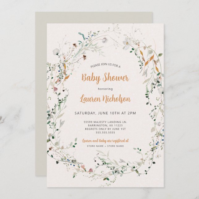 Invitación Elegante Petite Wildflower baby ducha (Anverso / Reverso)