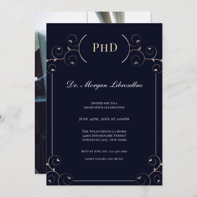 Invitación Elegante PhD Photo Gold Blue Graduation Party (Anverso / Reverso)