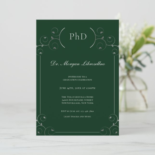 Invitación Elegante PhD Silver Green Graduation Party (Anverso de pie)