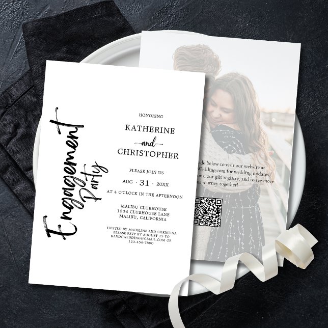 Invitación Elegante Photo Black and White Engagement Party (Black and White Wedding Engagement Party Invitation with Couple Photo, QR Code, Website.)