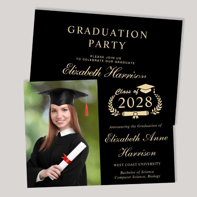 Invitación Elegante Photo College Black Graduation Party (An elegant college graduation party invitation to celebrate the graduate's achievements)