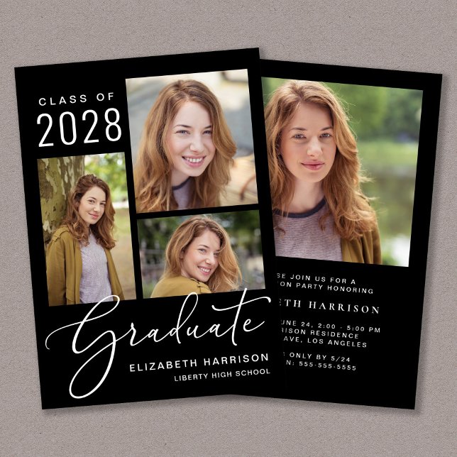 Invitación Elegante Photo Script Black Graduation Party (An elegant college graduation party invitation to celebrate the graduate's achievements)