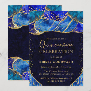 Invitación Elegante Piedra de Cristal Azul Dorado Quinceañera