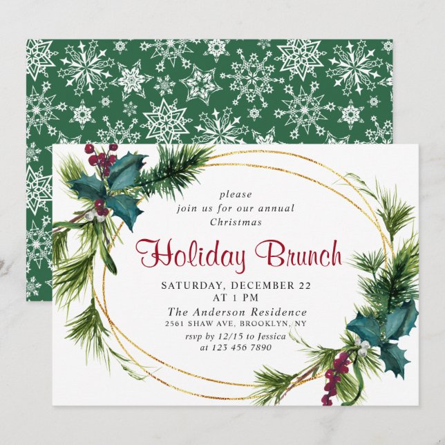 Invitación Elegante Pine Holly Berry Navidades Holiday Brunch (Anverso / Reverso)
