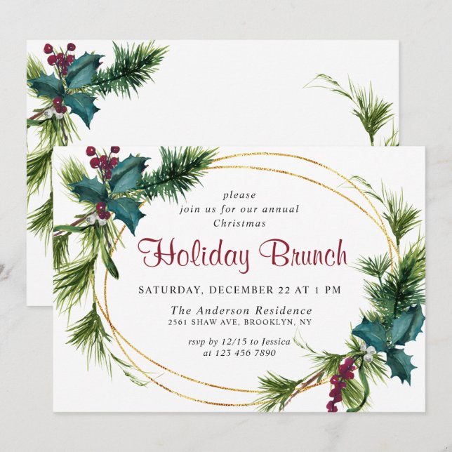 Invitación Elegante Pine Holly Berry Navidades Holiday Brunch (Anverso / Reverso)