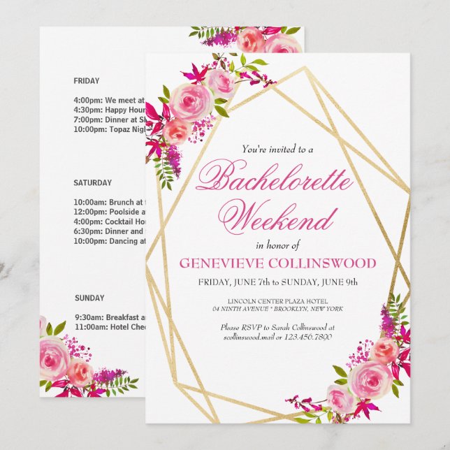 Invitación Elegante PInk Floral Bachelorette Fin de Semana It (Anverso / Reverso)