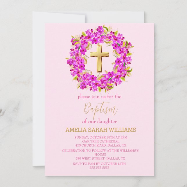 Invitación Elegante Pink Floral Cruza Phot Bebé Baptismo (Anverso)