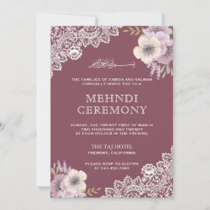 Invitación Elegante PInk Floral Lace Islam Muslim Mehndi