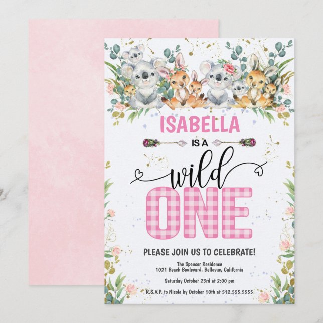 Invitación Elegante Pink Gingham Safari Wild Un Primer Cumple (Anverso / Reverso)