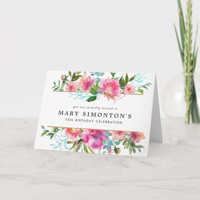 Invitación Elegante Pink Peony Floral 70 cumpleaños (Anverso)