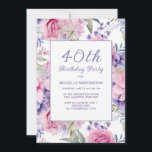 Invitación Elegante Pink Purple Floral 40 cumpleaños<br><div class="desc">Invitación a la fiesta de cumpleaños número 40 decorada con hermosas flores rosadas y violetas sobre blanco. Estas invitaciones pueden ser personalizadas para cualquier persona de cualquier edad. Contáctame para obtener ayuda con tus personalizaciones o para solicitar productos adicionales de correspondencias o coordinación de Zazzle para tu celebración.</div>