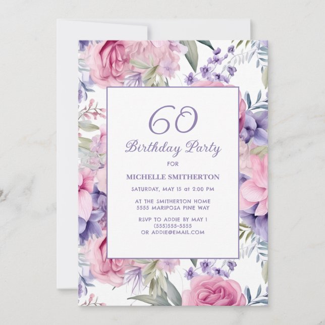 Invitación Elegante Pink Purple Floral 60 cumpleaños (Anverso)