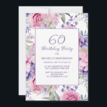 Invitación Elegante Pink Purple Floral 60 cumpleaños<br><div class="desc">Invitación a la fiesta de cumpleaños número 60 decorada con hermosas flores rosadas y violetas sobre blanco. Estas invitaciones pueden ser personalizadas para cualquier persona de cualquier edad. Contáctame para obtener ayuda con tus personalizaciones o para solicitar productos adicionales de correspondencias o coordinación de Zazzle para tu celebración.</div>