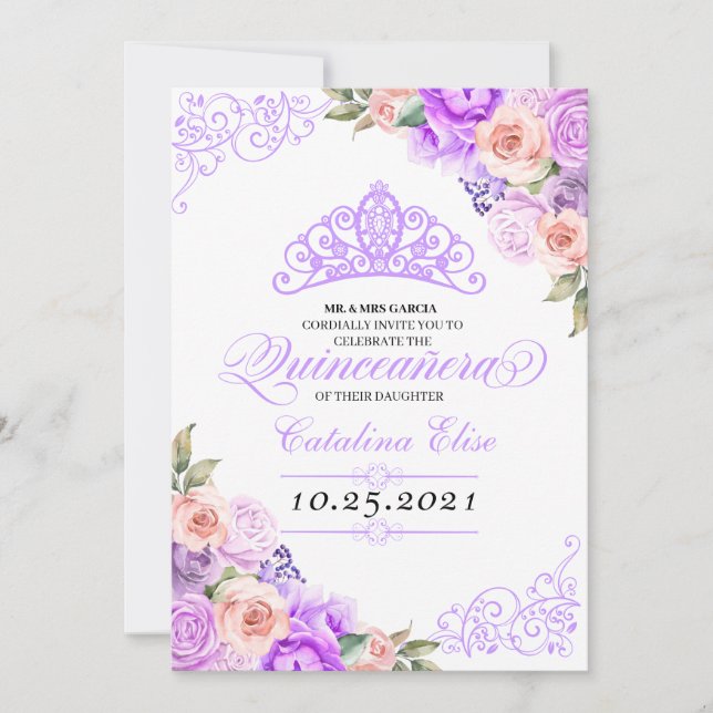 Invitación Elegante Pink & Purple Floral Quinceanera Cumpleañ (Anverso)