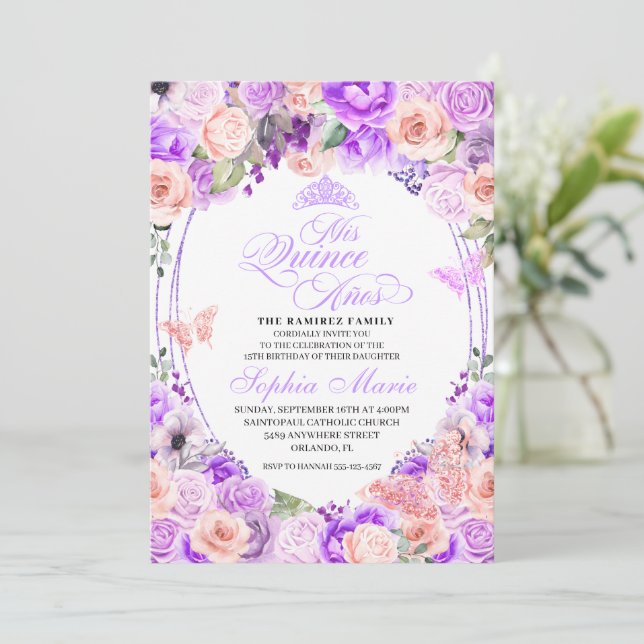 Invitación Elegante Pink & Purple Floral Quinceanera Cumpleañ (Anverso de pie)