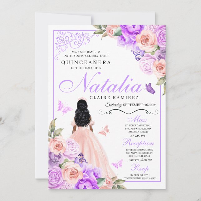 Invitación Elegante Pink & Purple Floral Quinceanera Cumpleañ (Anverso)