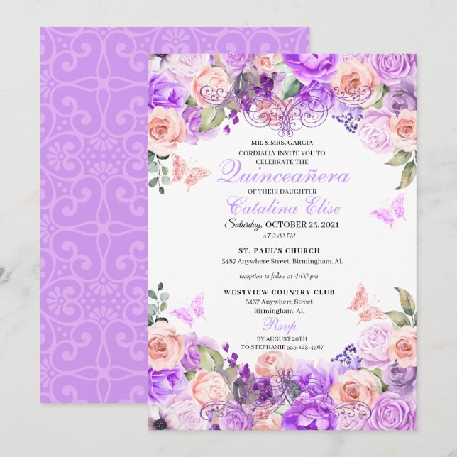 Invitación Elegante Pink & Purple Floral Quinceanera Cumpleañ (Anverso / Reverso)