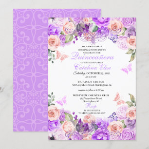 Invitación Elegante Pink & Purple Floral Quinceanera Cumpleañ