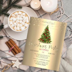 Invitación Elegante Pino, Luces de Cadena Doradas Navidad