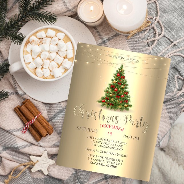 Invitación Elegante Pino, Luces de Cadena Doradas Navidad (Subido por el creador)