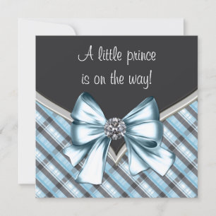 Invitación Elegante Plaid Negro Azul Gris Baby Shower Príncip