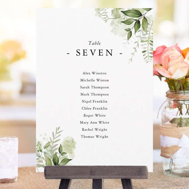 Invitación Elegante Plan de Asientos Floral de Verde (Elegant Greenery Floral Seating Plan Table Number)