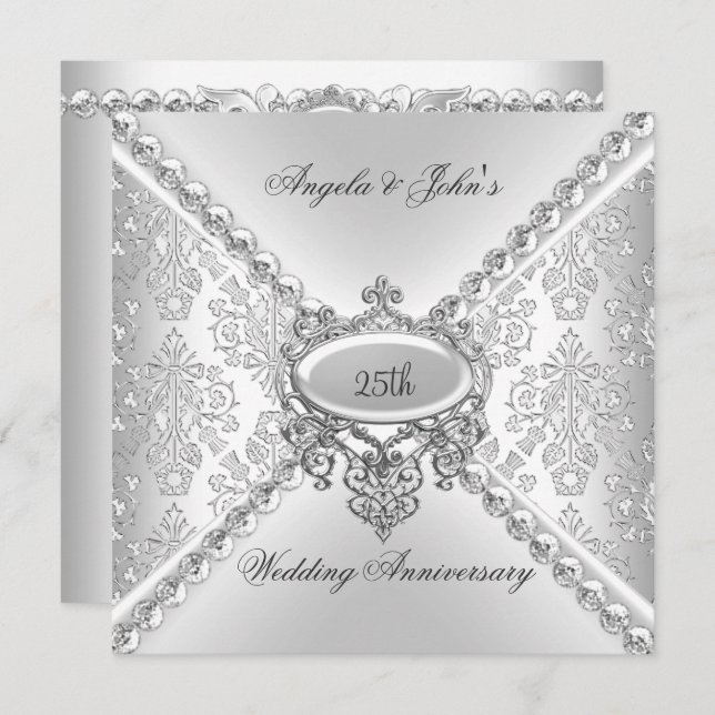 Invitación Elegante Plata Aniversario de Bodas 25 Años Damasc (Anverso / Reverso)