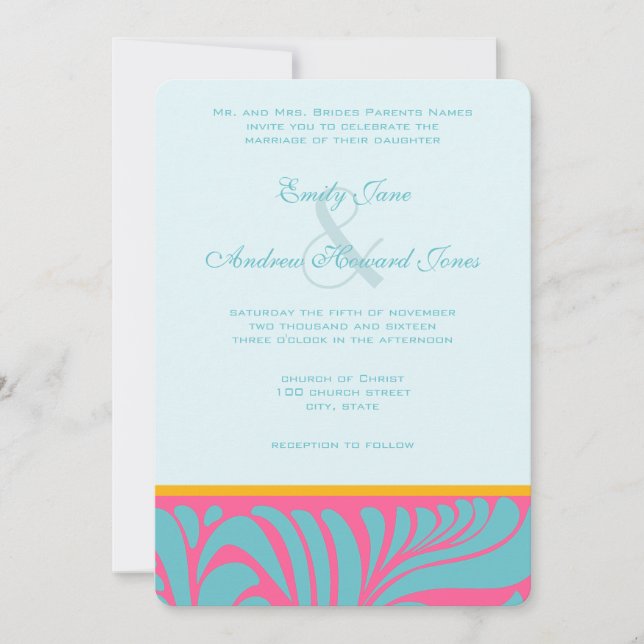 Invitación Elegante Plata Aqua Fuchsia Butterscotch Swirls (Anverso)