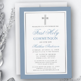 Invitación Elegante Plata Azul Polvoriento Primera Santa Comu