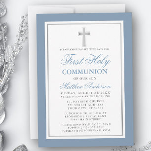 Invitación Elegante Plata Azul Polvoriento Primera Santa Comu