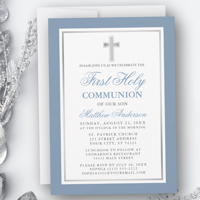 Invitación Elegante Plata Azul Polvoriento Primera Santa Comu (Customize to change text size, color or text style.)