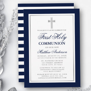Invitación Elegante Plata Azul Primero Santa Comunión A La Lu