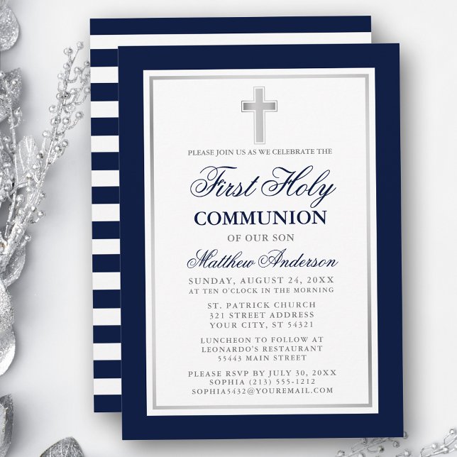 Invitación Elegante Plata Azul Primero Santa Comunión A La Lu (Customize to change text size, color or text style.)