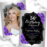 Invitación Elegante Plata Black Purple Photo 50 cumpleaños<br><div class="desc">Elegante invitación de 50 años floral femenina con tu foto al fondo de la tarjeta. Diseño de vidrio con plata falsa. Cuenta con rosas morados, fuente de guiones y confetti. Perfecto para un elegante fiesta de celebración de cumpleaños. Personaliza con tus propios detalles. ¡Se puede personalizar para cualquier edad! Invitaciones...</div>