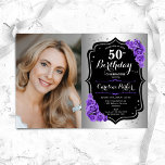 Invitación Elegante Plata Black Purple Photo 50 cumpleaños<br><div class="desc">Elegante invitación de 50 años floral femenina con tu foto. Diseño de vidrio con plata falsa. Cuenta con rosas morados, fuente de guiones y confetti. Perfecto para un elegante fiesta de celebración de cumpleaños. Personaliza con tus propios detalles. ¡Se puede personalizar para cualquier edad! Invitaciones Zazzle impresas o una plantilla...</div>