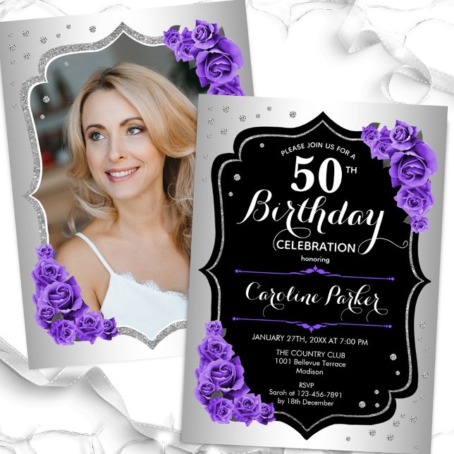 Invitación Elegante Plata Black Purple Photo 50 cumpleaños (Subido por el creador)