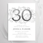 Invitación Elegante Plata Blanco 30 cumpleaños<br><div class="desc">Elegante invitación de fiesta de cumpleaños 30 color blanco plateado. Personalizable diseño moderno femenino con acentos botánicos rosas y una falsa plata purpurina. Sencilla tarjeta de invitación floral perfecta para una elegante celebración de cumpleaños femenina. Personaliza con tus propios detalles. Invitaciones Zazzle impresas o una plantilla imprimible digital de descarga...</div>