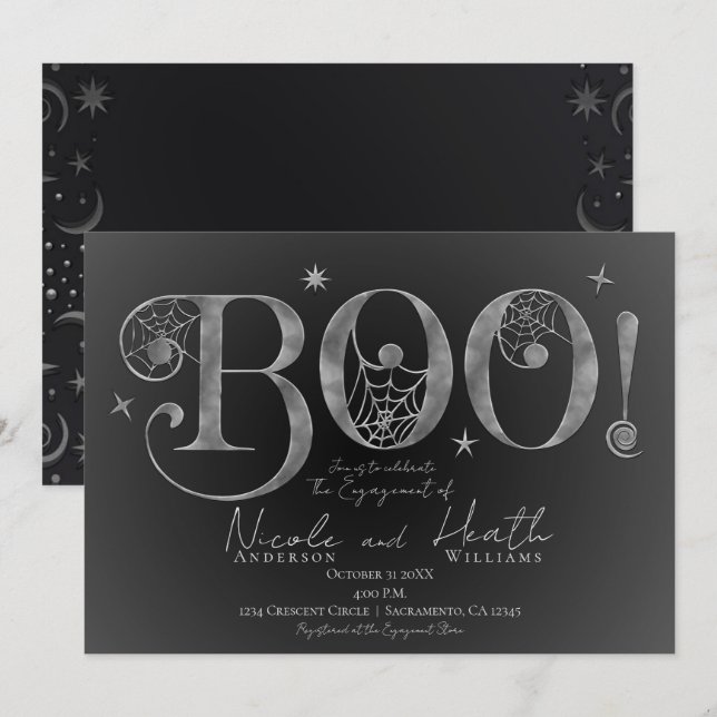 Invitación Elegante Plata BOO Mágico Compromiso de Halloween (Anverso / Reverso)