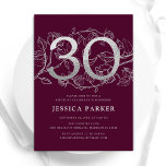 Invitación Elegante Plata Borgoña 30 cumpleaños<br><div class="desc">Elegante invitación de fiesta de cumpleaños 30 de plata granate. Personalizable diseño moderno femenino con acentos botánicos rosas y una falsa plata purpurina. Sencilla tarjeta de invitación floral perfecta para una elegante celebración de cumpleaños femenina. Personaliza con tus propios detalles. Invitaciones Zazzle impresas o una plantilla imprimible digital de descarga...</div>