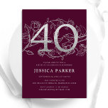 Invitación Elegante Plata Borgoña 40 cumpleaños<br><div class="desc">Elegante invitación a la fiesta de cumpleaños 40 de color burdeos. Personalizable diseño moderno femenino con acentos botánicos rosas y una falsa plata purpurina. Sencilla tarjeta de invitación floral perfecta para una elegante celebración de cumpleaños femenina. Personaliza con tus propios detalles. Invitaciones Zazzle impresas o una plantilla imprimible digital de...</div>