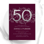 Invitación Elegante Plata Borgoña 50 cumpleaños<br><div class="desc">Elegante invitación de fiesta de cumpleaños 50 de plata granate. Personalizable diseño moderno femenino con acentos botánicos rosas y una falsa plata purpurina. Sencilla tarjeta de invitación floral perfecta para una elegante celebración de cumpleaños femenina. Personaliza con tus propios detalles. Invitaciones Zazzle impresas o una plantilla imprimible digital de descarga...</div>