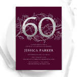 Invitación Elegante Plata Borgoña 60 cumpleaños<br><div class="desc">Elegante invitación a la fiesta de cumpleaños 60 de plata granate. Personalizable diseño moderno femenino con acentos botánicos rosas y una falsa plata purpurina. Sencilla tarjeta de invitación floral perfecta para una elegante celebración de cumpleaños femenina. Personaliza con tus propios detalles. Invitaciones Zazzle impresas o una plantilla imprimible digital de...</div>