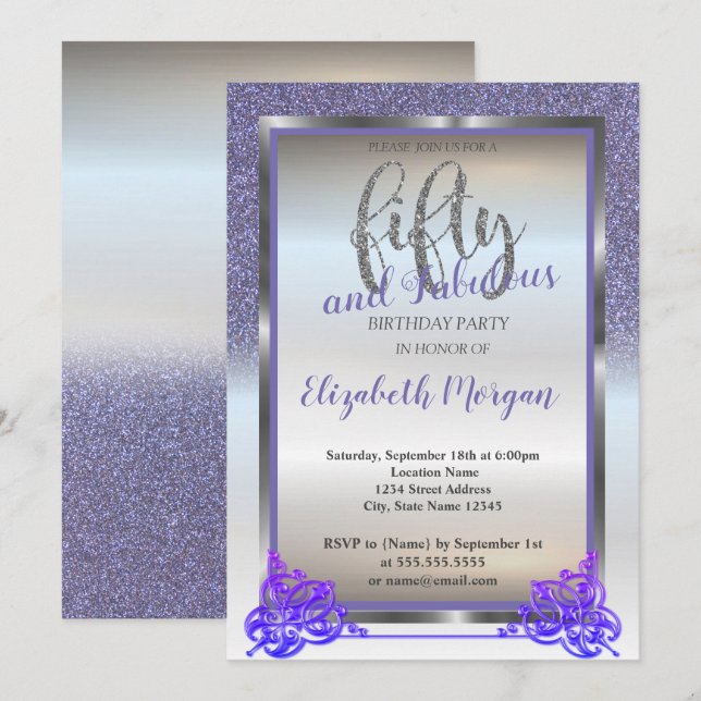 Invitación Elegante plata, brillo violeta fiesta de cumpleaño (Anverso / Reverso)